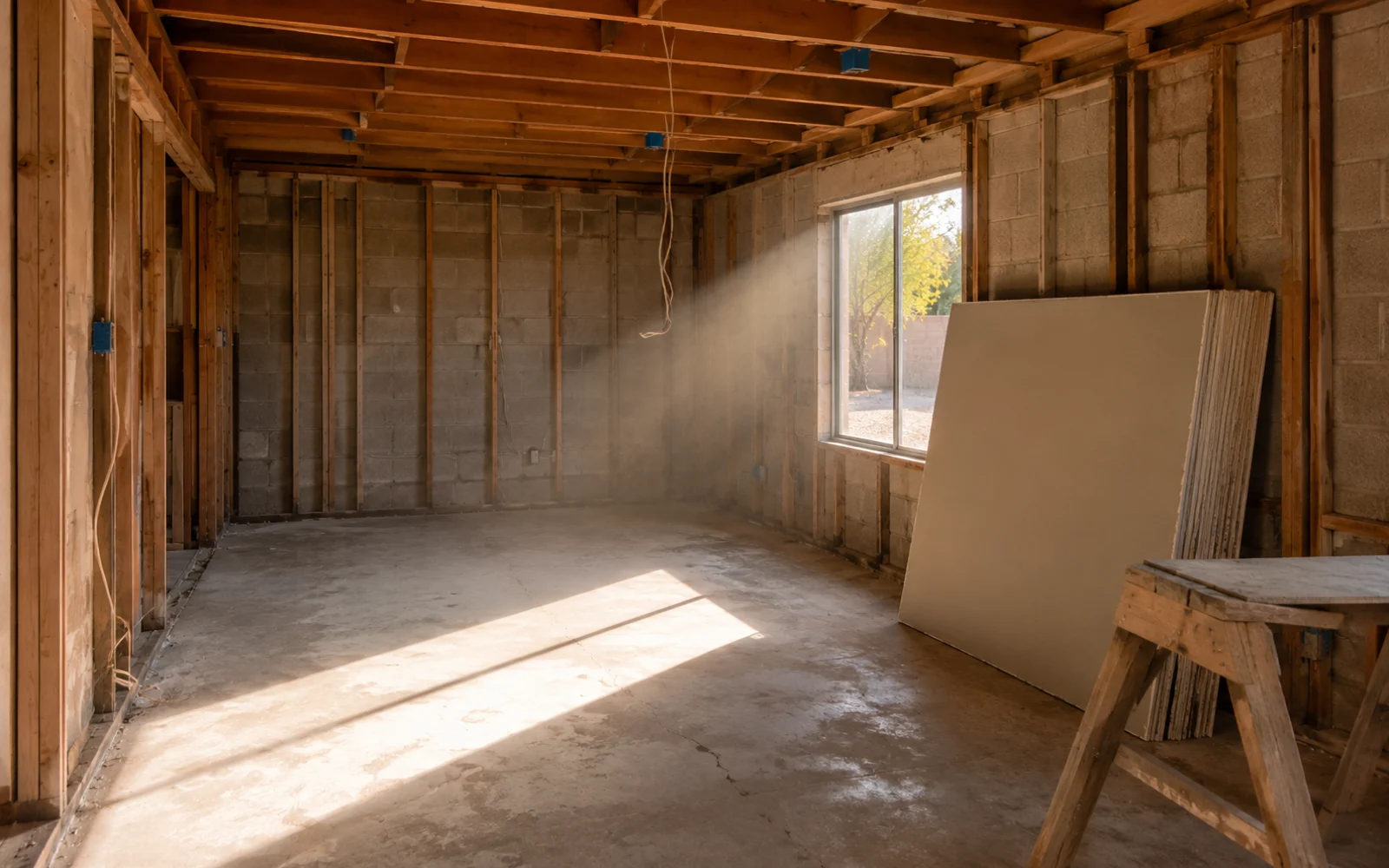A half-finished home remodel, stripped to the studs