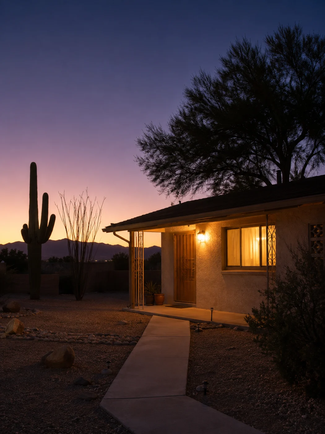 A single-story Phoenix stucco house in low desert light